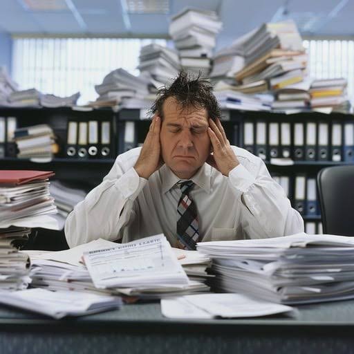 A facilities manager overwhelmed at a desk buried in paper