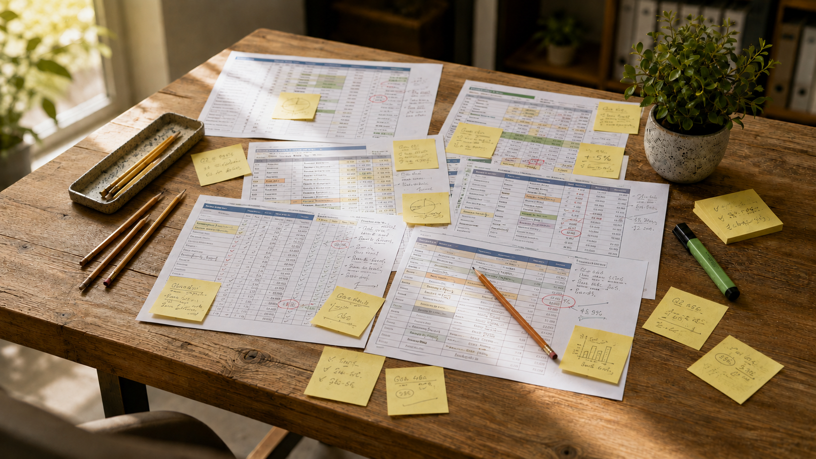 Desk covered in spreadsheets and handwritten sticky notes